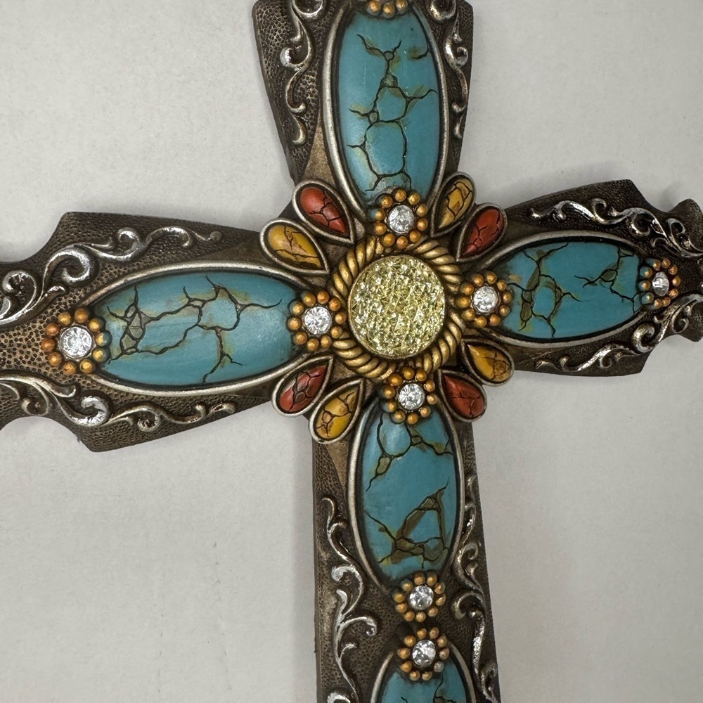 Turquoise Wall Cross Rhinestones Antique Silver Tone  18". - Picture 4 of 11